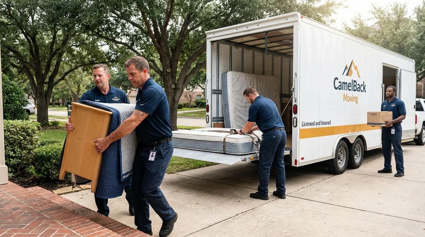 Crew loading residential truck for cross-state move from Blue Mound, IL