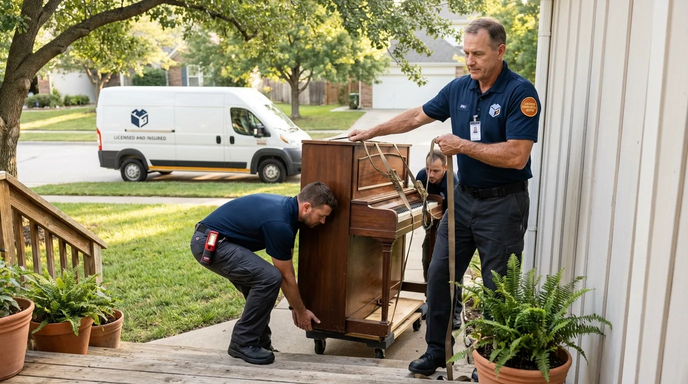 Licensed piano movers securing grand piano in Blue Mound, IL