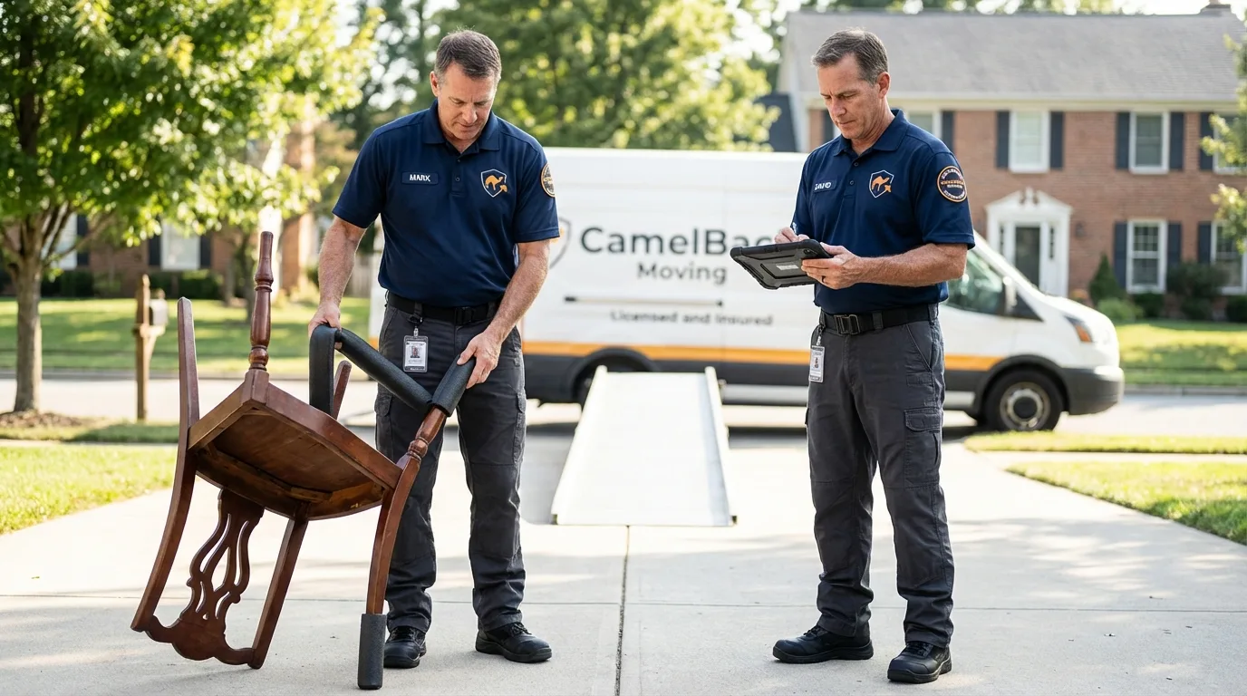 Movers inspecting furniture for damage prevention before loading in Blue Mound, IL