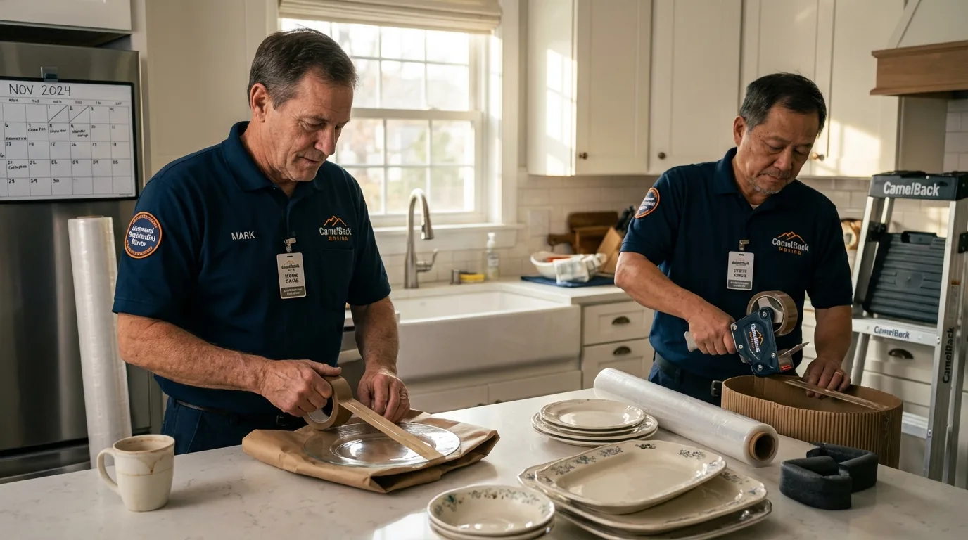 Professional crew packing kitchen dishware in Blue Mound, IL